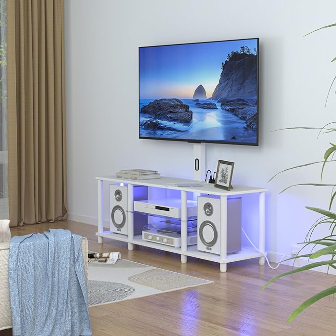 TV Stand with Mount and Led Light，White TV Stand with Power Outlets for 32/40/43/50/55/60/65/70 Inch TV,Entertainment Center with Open Storage Shelf for Bedroom/Living Room/Office