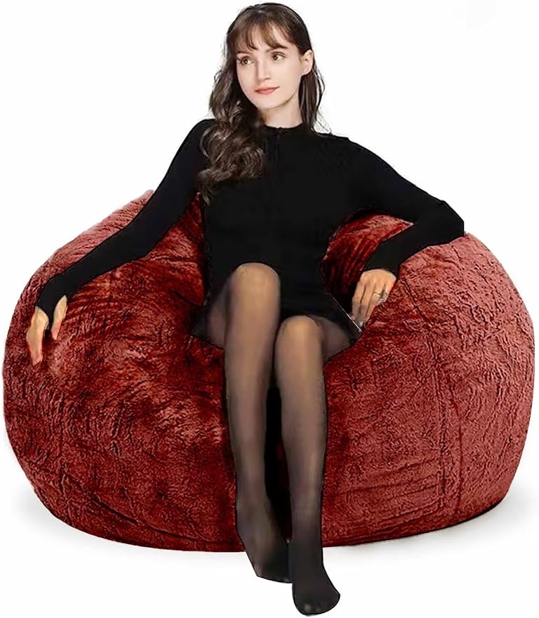 Bean Bag Chair for Adults Kids Without Filling Comfy Fluffy Round Beanbag Couch Lazy Sofa Cover for Reading Chair Floor Chair, 3.5FT, Wine Red