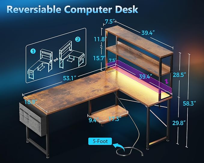 Casaottima Gaming Desk with Power Outlets & LED Lights, 53 Inch Reversible L Shaped Computer Desk with Shelves & Storage Bag, Corner Desk for Home Office, Vintage