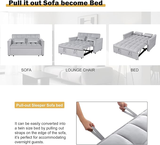 3 in1 Sofa Bed, Pull-Out Sleeper Sofa Bed with 3-Level Adjustable Backrest, Velvet Fabric Convertible Love Seat Sleepers Beds for Living Room & Bedroom & Apartment, Gray