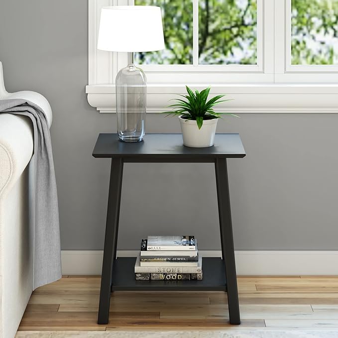 Plank+Beam Wooden Side Table with Storage, Mid Century Modern End Tables for Living Room, Small Solid Wood Nightstand, Bedside Tables, Bedroom Furniture, Black