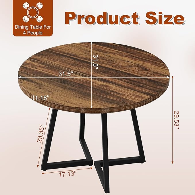 Round Dining Table for 4, 31.5-Inch Farmhouse Dinner Table Wooden Circle Kitchen Tables with Metal Base for Dining Room, Kitchen, Living Room, Brown
