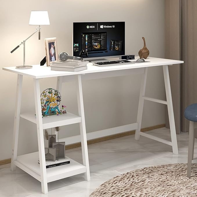 Natwind 47" White Desk with 2-Tier Storage Shelves,Home Office Computer Desk, Study Table for Kids Student Girls,Writing Desk,Modern Simple Basic Desk Workstation for Bedroom Home Office