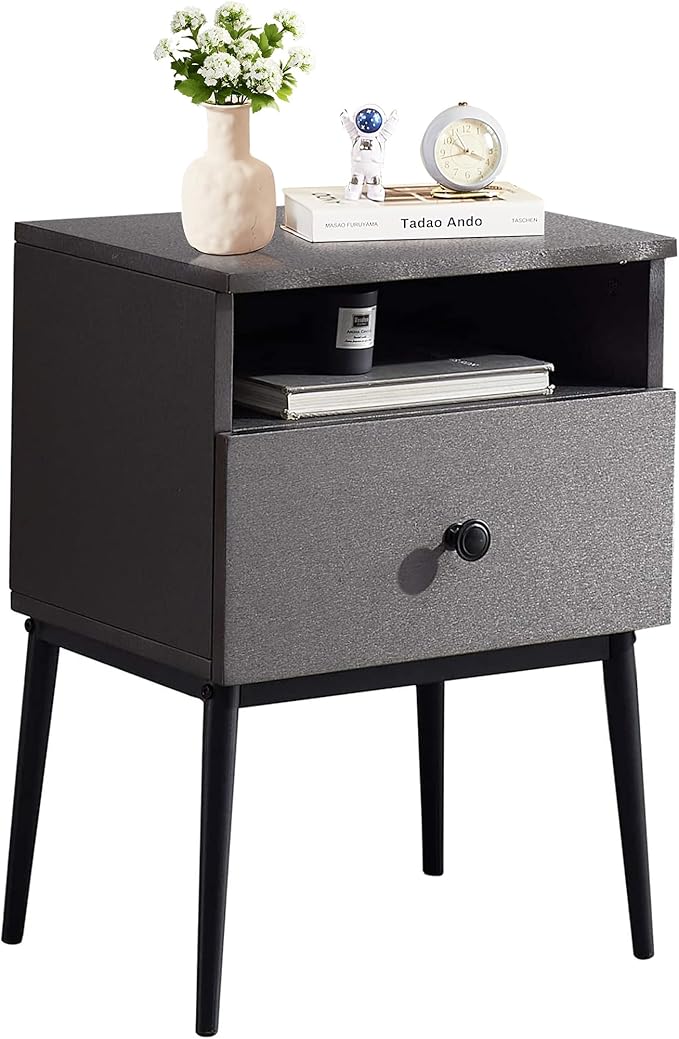 VECELO Modern Wood Night Stand,Square End Table Side Table with Drawer and Storage Space Gray Bedside Table for Bedroom Living Room Office