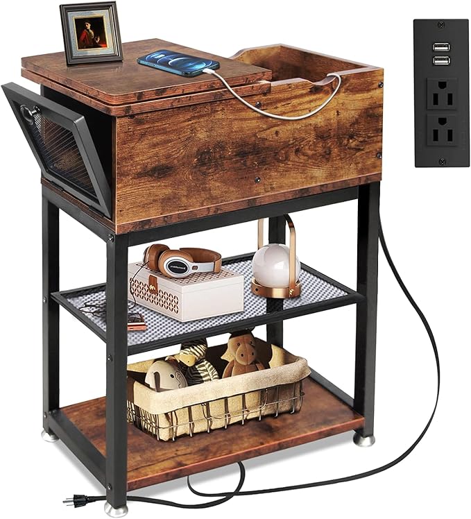 Flip Top End Table for Living Room, 28 inch Side Table, 12" D x 24" W x 28" H, Narrow Side Table with Drawer, 8.4" Deep Drawer, End Table with Charging Station, Steel X-Shaped Frame, Rustic Brown