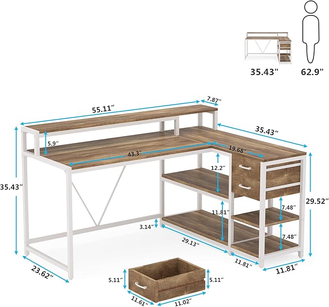 Tribesigns L Shaped Desk with Drawers and Monitor Stand, L Corner Desk with Storage Shelves, Beige Wooden PC Table for Samll Home Office