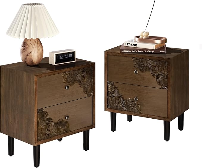 COSIEST Nightstand Set of 2, Mid Century Modern End Table with 2 Storage Drawers, Accent Side Table, Vintage Wood Luxury Night Stand for Bedroom, Living Room, Walnut