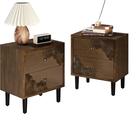 COSIEST Nightstand Set of 2, Mid Century Modern End Table with 2 Storage Drawers, Accent Side Table, Vintage Wood Luxury Night Stand for Bedroom, Living Room, Walnut