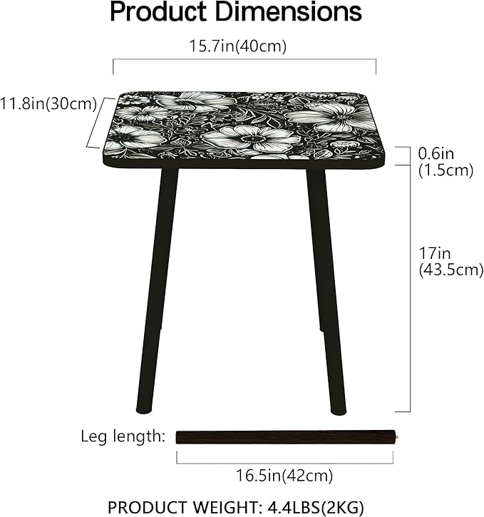 Mandala Small Rectangle End Table, Side Table with Black Flowers Finish, Retro Modern Small Coffee Table for Balcony, Living Room(11.8" D x 15.7" W x 17" H, Black, Rectangle)