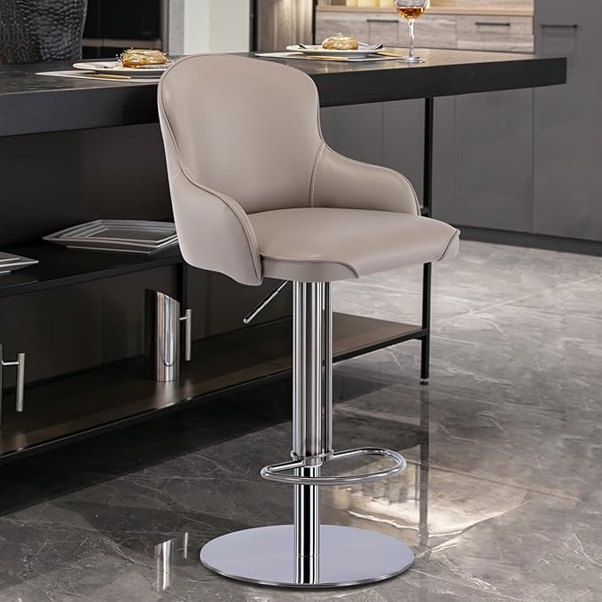 Black Titanium Stainless Steel Bar Stools,Grade Modern Leather Bar Chair with Backrest,Swivel Adjustable Height for Kitchen Counter and Dining Room (Grey leather-1pc)