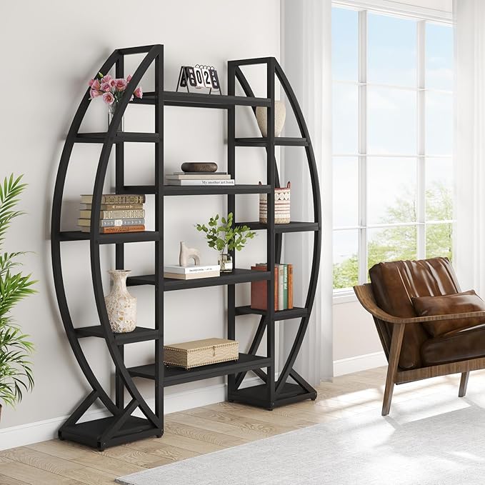 Tribesigns Oval Bookshelf, Triple Wide 5 Tiers Etagere Bookcases, Industrial Display Shelves for Living Room (55", Black)