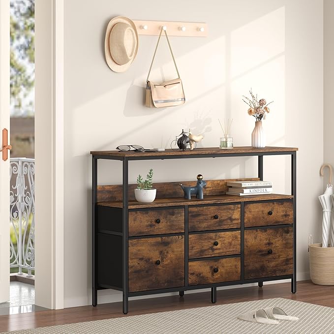 Yoobure LED TV Stand for Bedroom, 50 Inch Kids Dresser With Power Outlets, 7 Drawers Entertainment Center With Storage Shelf, Living Room Console