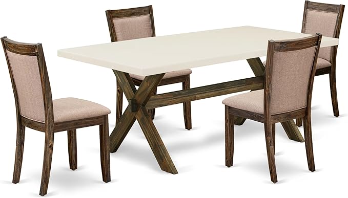 East West Furniture X727MZ716-5 5 Piece Modern Dining Table Set Includes a Rectangle Wooden Table with X-Legs and 4 Dark Khaki Linen Fabric Parson Dining Chairs, 40x72 Inch, Multi-Color