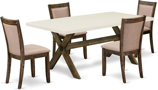 East West Furniture X727MZ716-5 5 Piece Modern Dining Table Set Includes a Rectangle Wooden Table with X-Legs and 4 Dark Khaki Linen Fabric Parson Dining Chairs, 40x72 Inch, Multi-Color
