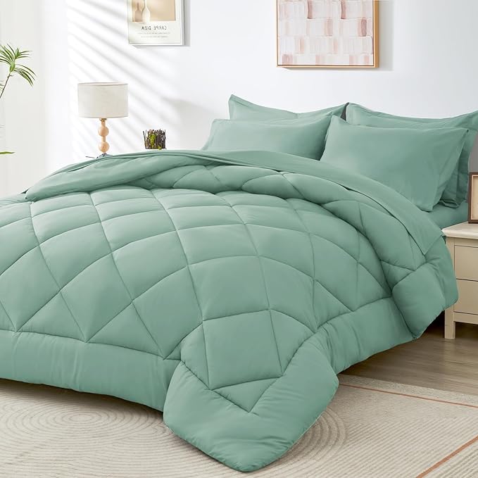 HEVUMYI Sage Green Queen Comforter Set - 7-Piece All Season Bed in a Bag Queen, Ultra Soft Bedding Set with Comforter, Flat Sheet, Fitted Sheet, Pillowcases, Pillow Shams, Sage Green