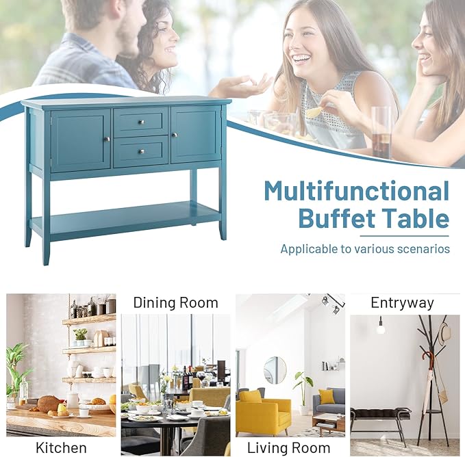 COSTWAY Buffet Sideboard, with 2 Wood Storage Drawers & Open Shelf, Console Table for Living Room Kitchen Dining Room Furniture (Blue)