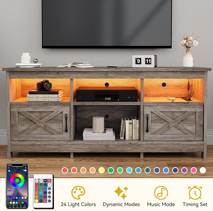 DWVO TV Stand for up to 65 Inch TV, Entertainment Center with Storage, TV Cabinet with Power Outlet & LED Light Strip, Media Console Television Stands for Living Room, Washed Grey