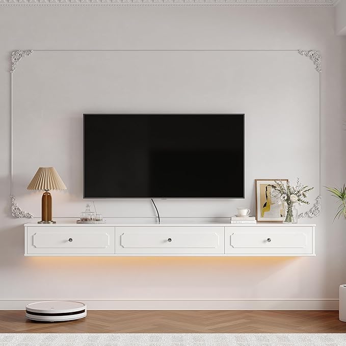 Retro Floating TV Console with 3 Doors,55'' High Gloss Floating TV Stand,Wall Mounted TV Cabinet,Contemporary Floating Media Console for Under TV Storage,Living Room,Bedroom(White)