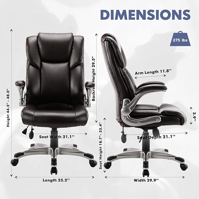 COLAMY High Back Executive Office Chair- Ergonomic Home Computer Desk Leather Chair with Padded Flip-up Arms, Adjustable Tilt Lock, Swivel Rolling Chair for Adult Working Study-Brown