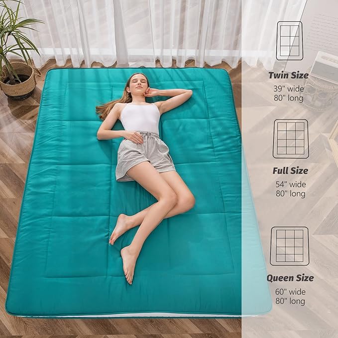 MAXYOYO Futon Mattress, Padded Japanese Floor Mattress Quilted Bed Mattress Topper, Extra Thick Folding Sleeping Pad Breathable Floor Lounger Guest Bed for Camping Couch, Turquoise, Queen