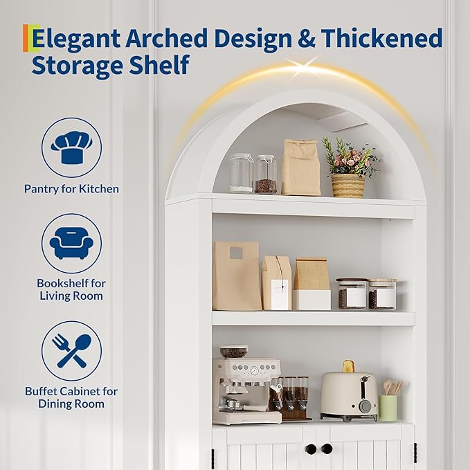 GAOMON 72'' Tall Arched Cabinet, 5 Tier Arched Bookshelf with Double Doors & Adjustable Shelf, Wooden Bookcase with Storage for Living Room, Bedroom, Study, Kitchen, Home Office, White