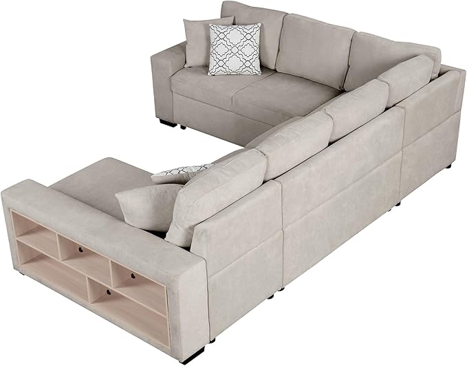 109" U-shaped Sectional Pull-out Sofa Bed with Storage Chaise,2-in-1 Convertible Couch W/ 4 Back Pillow & 2 USB Ports,Luxurious Sleeper Furniture Set for Living Room Large Space,Beige Chenille