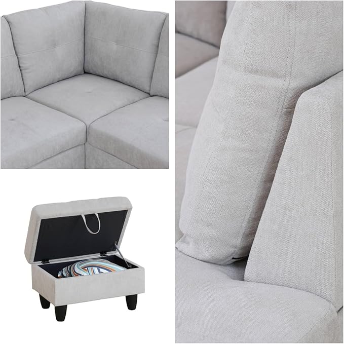 Convertible Sectional Couch, Large L Shaped Couch with Storage, Modern Modular 5-Seat Sectional Sofa with Ottomans for Living Room and Office, Light Grey