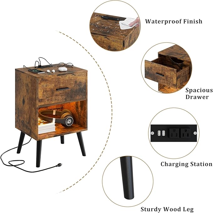 Nightstand with Charging Station and LED Lights, Small Side Table, Bedside Table with Drawer, Modern Night Stand, End Table for Bedroom, Living Room (Rustic Brown)