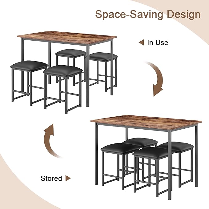VECELO Kitchen Table and Chairs for 4, Dining Room Set with PU Chairs/Stools, Heavy-Duty Metal Frame, Wooden Tabletop, Space-Saving Design for Small Spaces, Easy Assembly, Rustic Brown