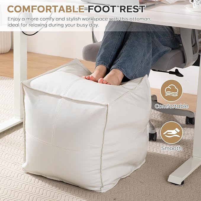 Unstuffed Pouf Ottoman Cover (Only Cover No Filler), 17.7x17.7 inch Faux Leather Moroccan Poofy Ottomans Cover, footrest Square White Footstool with Storage Waterproof Easy Cleaning for Living Room