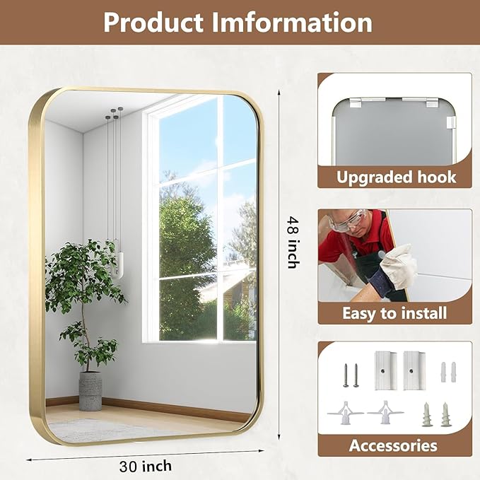 48x30 Inch Gold Bathroom Mirror, Brushed Gold Metal Framed Rectangular Mirror with Rounded Corner, Bathroom Vanity Mirror for Bedroom or Living Room, Horizontal/Vertical