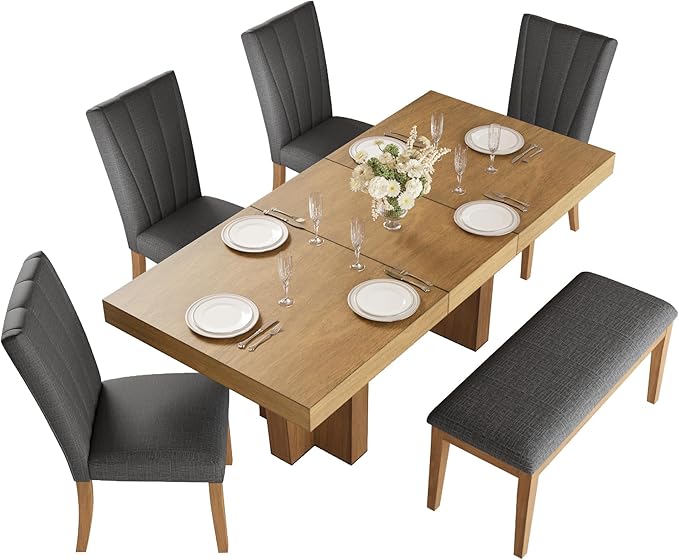 Ball & Cast 6 Piece Farmhouse Dining Table Set with Extendable Table,4 Upholstered Chairs & 1 Bench,Wooden Kitchen Table Set of 6,Backrest Chair with Table & Upholstery-Bench,for Dining Room,Gray