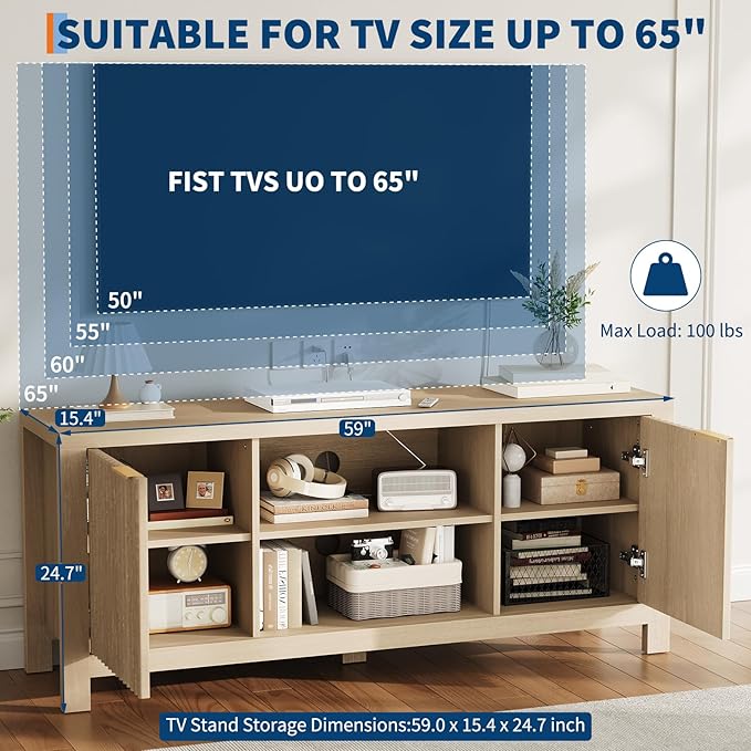 GarveeHome 59" TV Stand for TVs Up to 65 Inches, Mid Century Modern TV Entertainment Center with Storage Cabinets & Open Shelves, Wood TV Cabinet for Living Room, Oak