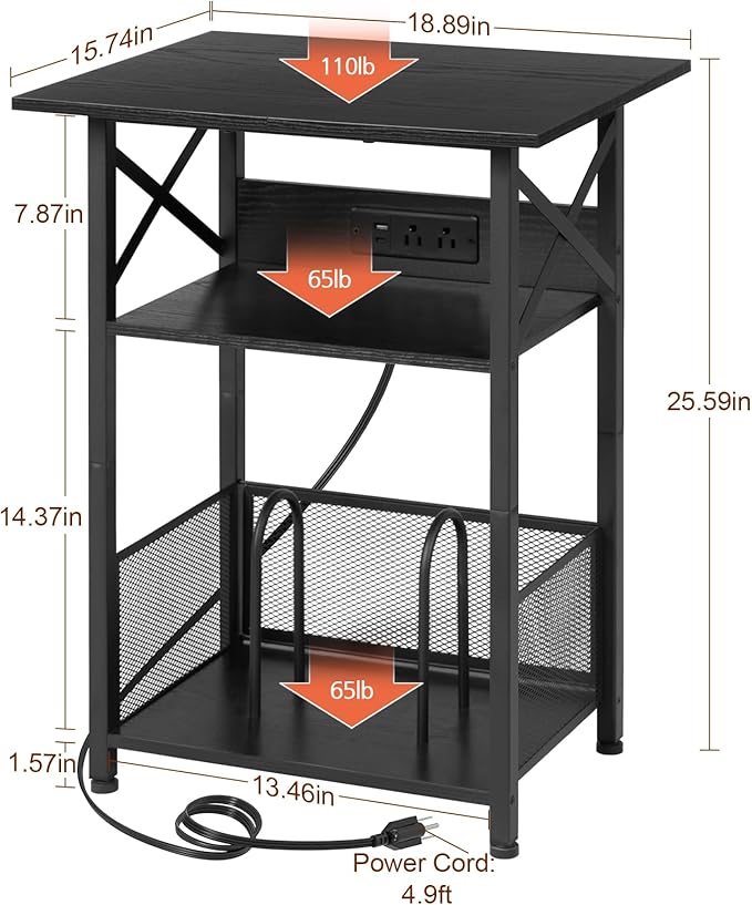 AMHANCIBLE Record Player Stand with Charging Station, Large Turntable Stand with Storage Cabinet, 3 Tier End Table Hold Up to 100 Albums, Record Stand for Vinyl, Living Room, Black, HETCD012BK-1