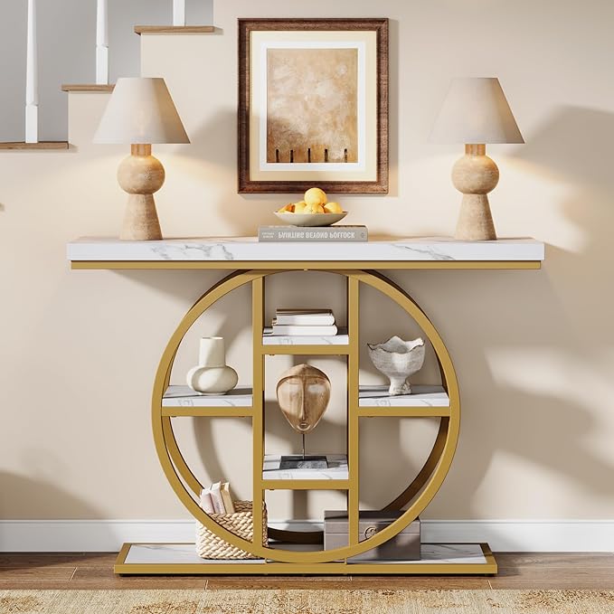 41" Console Table, 4-Tier Entryway Table with Circle Base, Industrial Narrow Wood Sofa Accent Tables with Storage Shelves for Living Room, Hallway, Foyer (White Gold)