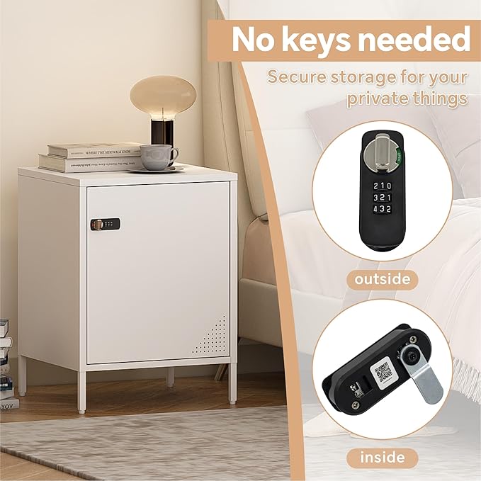 Metal Locker End Table Single Door Nightstand Lockable Bedside Table Storage Cabinet for Bedroom, Dorm, 21.26”H X 15.75”W X 15.75”D (1 Door, White)