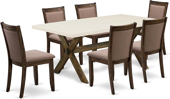 East West Furniture X727MZ748-7 7 Piece Dining Table Set Consist of a Rectangle Dining Room Table with X-Legs and 6 Coffee Linen Fabric Upholstered Chairs, 40x72 Inch, Multi-Color