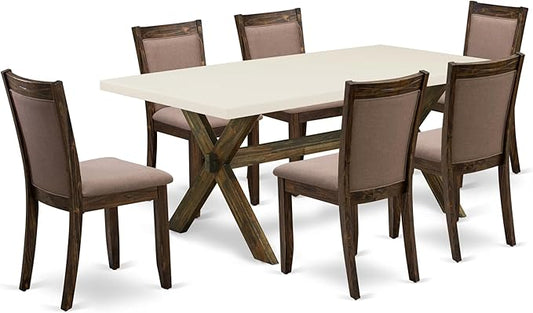 East West Furniture X727MZ748-7 7 Piece Dining Table Set Consist of a Rectangle Dining Room Table with X-Legs and 6 Coffee Linen Fabric Upholstered Chairs, 40x72 Inch, Multi-Color
