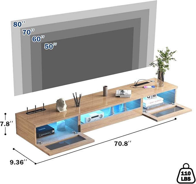 Floating TV Stand, 71" Floating Entertainment Center Wall Mounted,Floating Wall Mounted TV Shelf,Modern High Gloss tv Cabinet Media Console with Storage