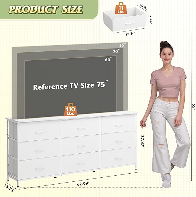 WLIVE 63''W Dresser for Bedroom, White Dresser TV Stand for 65, 70, 75 inch TV, Wide Chest of Drawers with 9 Drawer, Large Entertainment Center, Fabric Dressers with Wood Top for Closet, Living Room