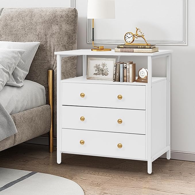 3 Wooden Drawers Night Stand, 27 Inch Wide Nightstand with Charging Station and Adjustable Drawers, Bedside Table for Living Room/Bedroom/Office, White.