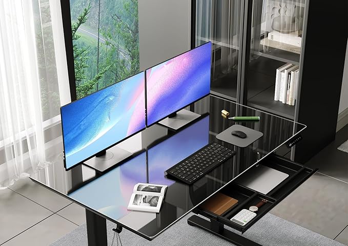 INNOVAR Glass Standing Desk with Drawers, 40×24 Inch Adjustable Stand Up Desk Quick Install Home Office Computer Desk, Black