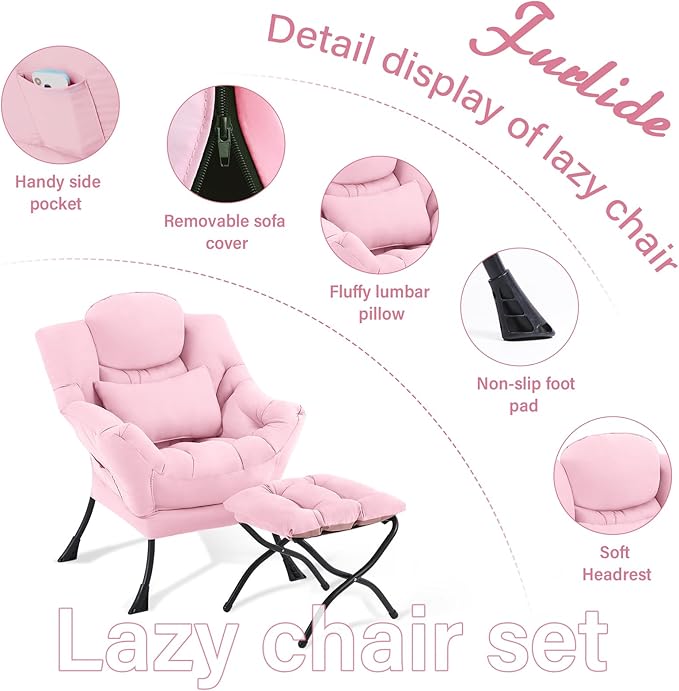 Lazy Chair with Ottoman, Modern Lounge Chair with Lumbar Pillow, Accent Cozy Reading Armchair and Folding Footstool for Bedroom, Dorm, Living Room,Pink