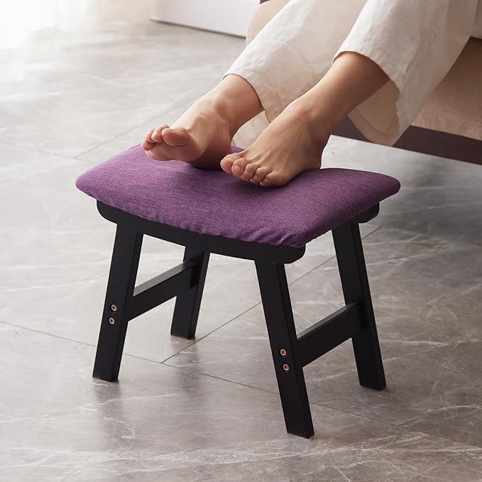 Foot Stool,Ottoman,Bamboo Small Sofa Foot Rest Under Desk,Extra Seating for Living Room, Bedroom and Kitchen (Black Stool Legs - Purple Surface)