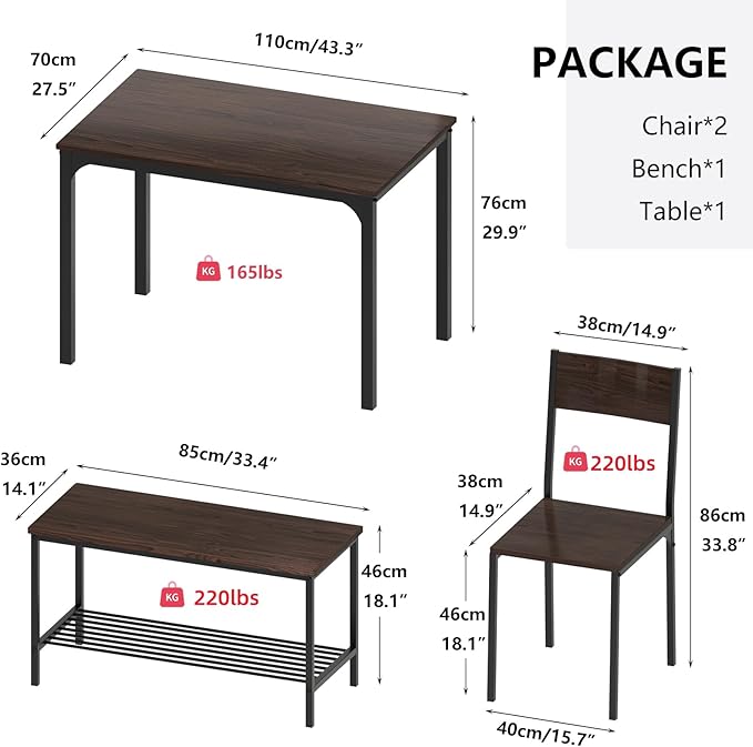 SogesHome 4-Piece Dining Table Set for 4 - Space-Saving Kitchen Set with Bench and Chairs, Ideal for Restaurants and Coffee Shops, Dark Walnut