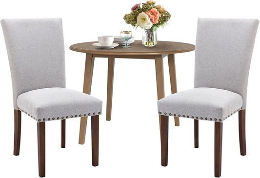 COLAMY 3-Piece Extendable Dining Table Set for 2, 36" Kitchen Round Wood Table with 2 Nailhead Dining Room Chairs,Light Brown/Light Grey