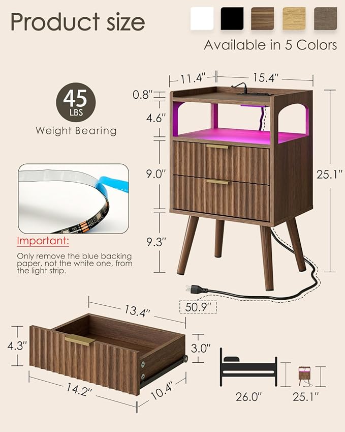 Nightstand with Charging Station and LED Lights,Modern Bedside Table with 2Drawer and Open Shelf,Walnut Night Stand with Solid Wood Legs,End Table for Living Room、Bedroom and Small Spaces
