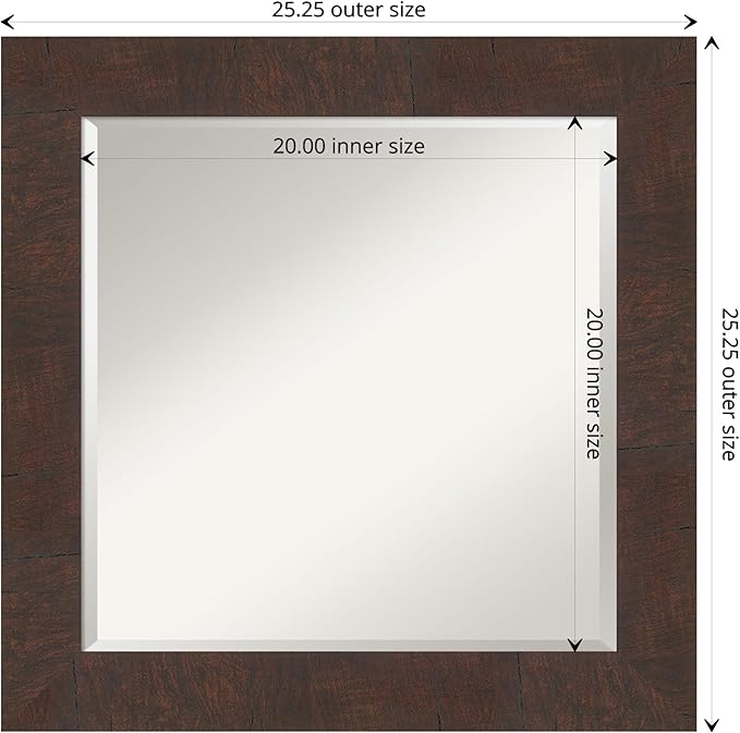 Amanti Art Brown Bathroom Mirror for Over Sink, 25x25 Wildwood Brown Square Vanity Mirror, Medium Rustic Farmhouse Frame, Hangs Horizonally and Vertically, Bathroom Wall Decor, Beveled Edge