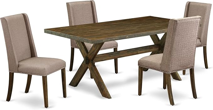East West Furniture X777FL716-5 5 Piece Dining Set Includes a Rectangle Dining Room Table with X-Legs and 4 Dark Khaki Linen Fabric Upholstered Parson Chairs, 40x72 Inch, Multi-Color