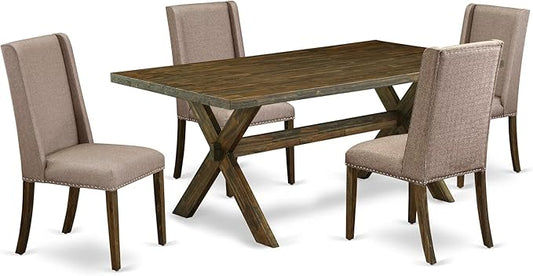East West Furniture X777FL716-5 5 Piece Dining Set Includes a Rectangle Dining Room Table with X-Legs and 4 Dark Khaki Linen Fabric Upholstered Parson Chairs, 40x72 Inch, Multi-Color